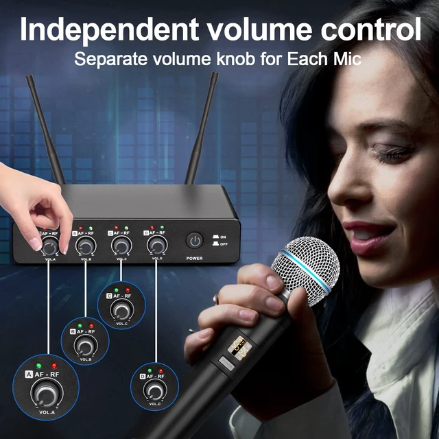 Alt view image 5 of 7 - Depusheng R4 Karaoke Wireless Microphones Professional 4 Channels Handheld Wireless Microphone System Metal Dynamic Mic for Karaoke Singing, House Party, Church, Performance