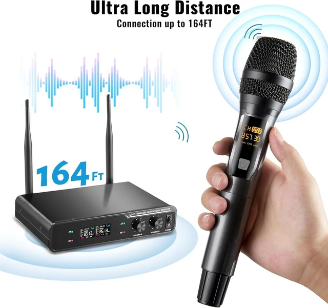 Alt view image 2 of 7 - Professional Wireless Microphone, Dual VHF Microphone System-W300U | SNR 110dB, 18dBm Transmission, 164ft Long Range, Plug & Play, Cordless Dynamic Microphonesfor Singing, Karaoke, Church, DJ