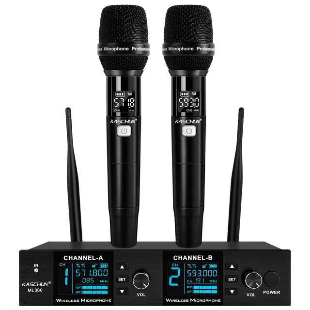 Main image of Kaschun Dual UHF Auto Scan Handheld Wireless Microphone System | Plug & Play, Battery Indicator, 2 x 100 Channel, 328ft Range, 8hr Battery for Home Karaoke, Church Services, Live Music Gigs
