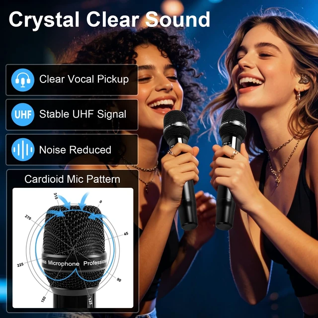 Alt view image 2 of 7 - Kaschun Dual UHF Auto Scan Handheld Wireless Microphone System | Plug & Play, Battery Indicator, 2 x 100 Channel, 328ft Range, 8hr Battery for Home Karaoke, Church Services, Live Music Gigs