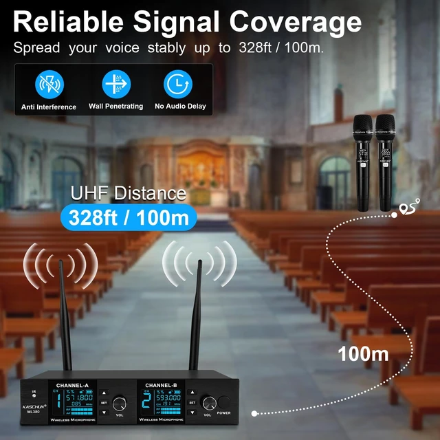 Alt view image 3 of 7 - Kaschun Dual UHF Auto Scan Handheld Wireless Microphone System | Plug & Play, Battery Indicator, 2 x 100 Channel, 328ft Range, 8hr Battery for Home Karaoke, Church Services, Live Music Gigs