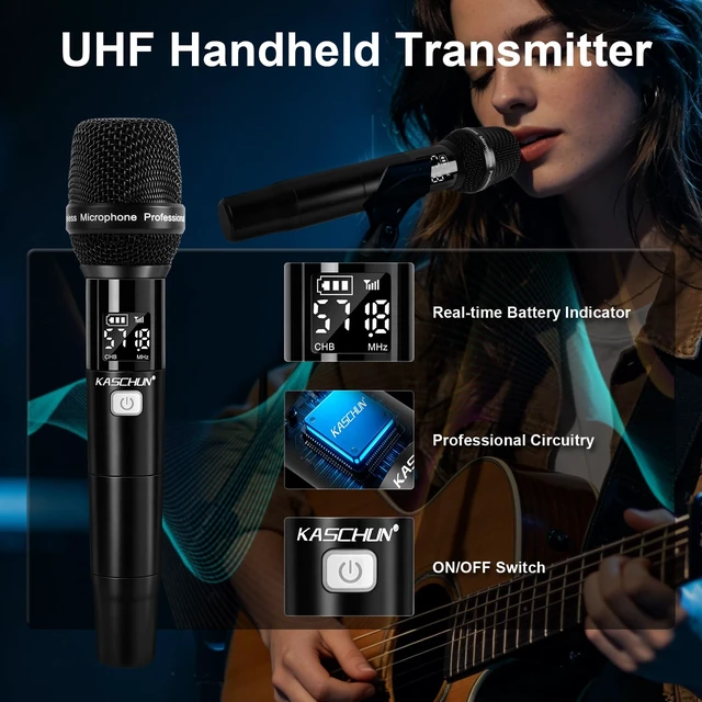 Alt view image 4 of 7 - Kaschun Dual UHF Auto Scan Handheld Wireless Microphone System | Plug & Play, Battery Indicator, 2 x 100 Channel, 328ft Range, 8hr Battery for Home Karaoke, Church Services, Live Music Gigs