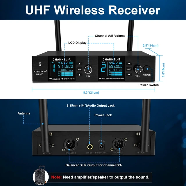 Alt view image 5 of 7 - Kaschun Dual UHF Auto Scan Handheld Wireless Microphone System | Plug & Play, Battery Indicator, 2 x 100 Channel, 328ft Range, 8hr Battery for Home Karaoke, Church Services, Live Music Gigs