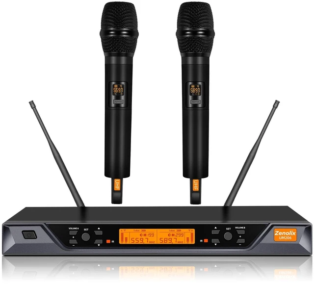 Main image of Zenolix UM206 2 Channel Wireless Microphone System with Dynamic Mics, 200ft Range, UHF Frequencies, Dual Wireless Handheld Mics for Karaoke, Singing, DJ, Stage, Church and Recording