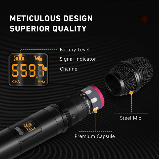 Alt view image 3 of 7 - Zenolix UM206 2 Channel Wireless Microphone System with Dynamic Mics, 200ft Range, UHF Frequencies, Dual Wireless Handheld Mics for Karaoke, Singing, DJ, Stage, Church and Recording