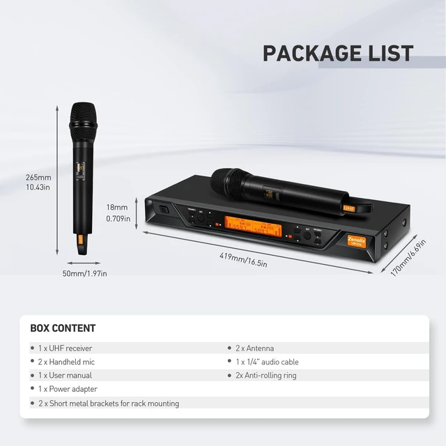 Alt view image 6 of 7 - Zenolix UM206 2 Channel Wireless Microphone System with Dynamic Mics, 200ft Range, UHF Frequencies, Dual Wireless Handheld Mics for Karaoke, Singing, DJ, Stage, Church and Recording