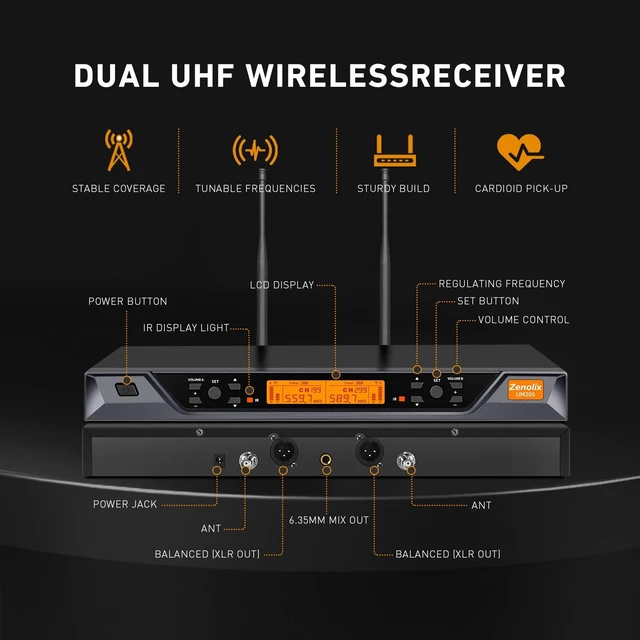 Alt view image 4 of 7 - Zenolix UM206 2 Channel Wireless Microphone System with Dynamic Mics, 200ft Range, UHF Frequencies, Dual Wireless Handheld Mics for Karaoke, Singing, DJ, Stage, Church and Recording