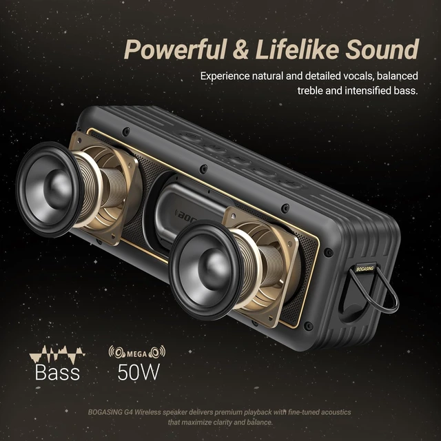 Alt view image 2 of 7 - BOGASING G4 Portable Bluetooth Speaker with 50W Full-Bodied Sound | Punchy Deep Bass, 3 EQ Modes, TWS, IPX7 Waterproof, Up to 24H Playtime, Bluetooth 5.3, TF Card, AUX & USB-C Audio Playback