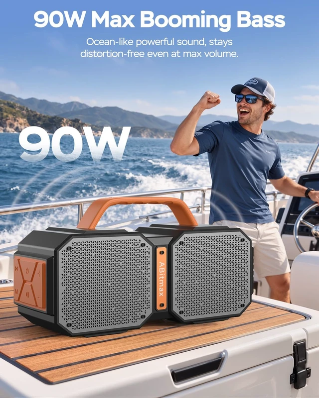 Alt view image 2 of 7 - ABitmax Outdoor Bluetooth Speaker, 90W Peak, 35H, IPX7 Waterproof | Bluetooth 6.0 Deep Bass Portable Wireless Speaker, USB-C Fast Charging, for Beach, Pool, Camping, Hiking, Backyard Party