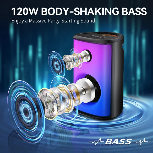 Alt view image 2 of 7 - BUGANI Bluetooth Speaker Loud, 120W Peak Portable Speaker with Powerful Sound and Heavy Bass, Full-Screen Colorful Lights, 24H Playtime, AUX, USB Playback, Waterproof