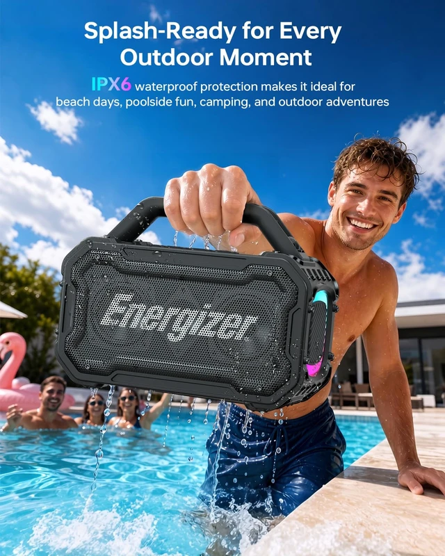 Alt view image 4 of 7 - Energizer Outdoor Bluetooth Speakers, 100W Peak Portable Wireless Speaker | Boost Bass, 24H, BT5.4, Wireless Charging, IPX6 Waterproof, TWS, RGB Lights for Beach, Camping, Jobsite, Tailgate, Garage