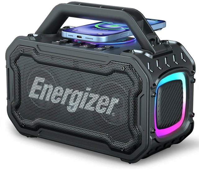 Main image of Energizer Outdoor Bluetooth Speakers, 100W Peak Portable Wireless Speaker | Boost Bass, 24H, BT5.4, Wireless Charging, IPX6 Waterproof, TWS, RGB Lights for Beach, Camping, Jobsite, Tailgate, Garage