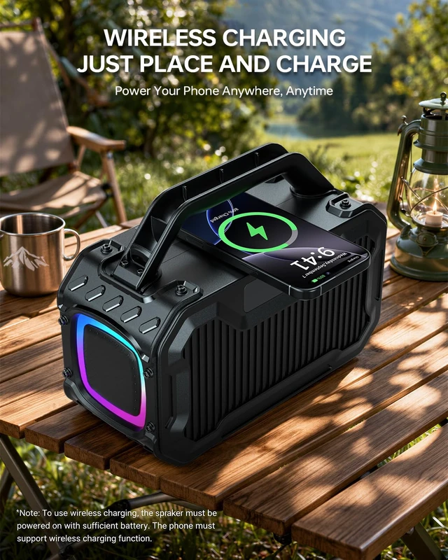 Alt view image 6 of 7 - Energizer Outdoor Bluetooth Speakers, 100W Peak Portable Wireless Speaker | Boost Bass, 24H, BT5.4, Wireless Charging, IPX6 Waterproof, TWS, RGB Lights for Beach, Camping, Jobsite, Tailgate, Garage