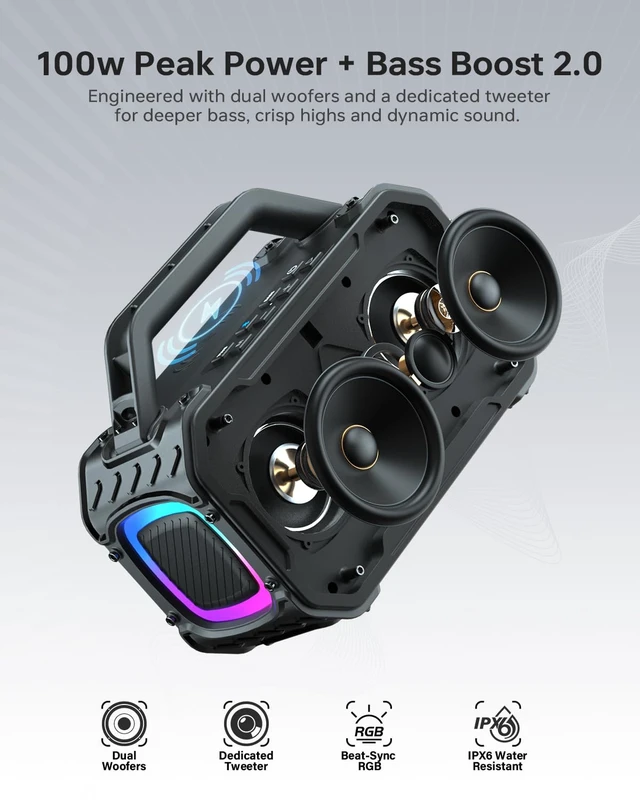 Alt view image 2 of 7 - Energizer Outdoor Bluetooth Speakers, 100W Peak Portable Wireless Speaker | Boost Bass, 24H, BT5.4, Wireless Charging, IPX6 Waterproof, TWS, RGB Lights for Beach, Camping, Jobsite, Tailgate, Garage