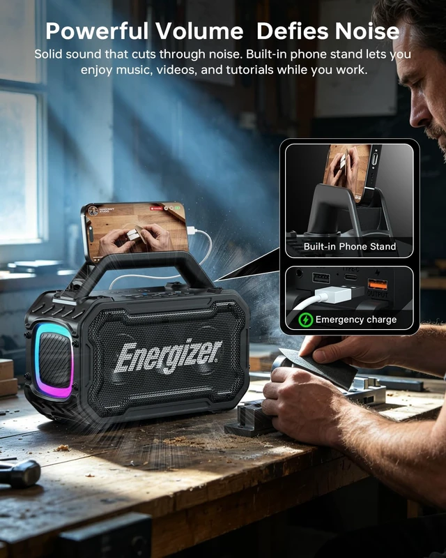 Alt view image 7 of 7 - Energizer Outdoor Bluetooth Speakers, 100W Peak Portable Wireless Speaker | Boost Bass, 24H, BT5.4, Wireless Charging, IPX6 Waterproof, TWS, RGB Lights for Beach, Camping, Jobsite, Tailgate, Garage