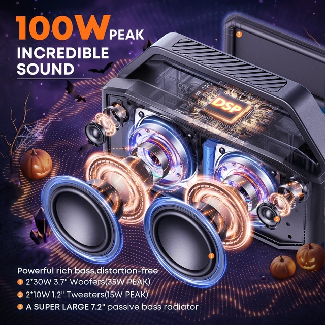 Alt view image 2 of 7 - Bluetooth Speaker, 100W PEAK Outdoor Portable Loud Speakers Wireless | 108dB IPX7 Waterproof Floating Rugged Boombox, 60W Party Large Speaker Subwoofer, 7.2'' Deep Bass Radiator, 40H, EQ, TF, AUX