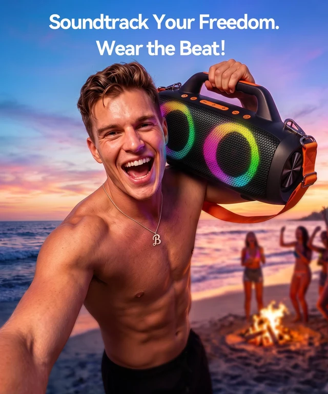 Alt view image 3 of 7 - BassBloom Roar 1 Outdoor Bluetooth Speaker, IPX6 Waterproof,60W | Powerful Sound JiKE Bass, Bluetooth 5.4, 24H Playtime, TWS Pairing, RGB Party Lights, for Travel Camping and Beach