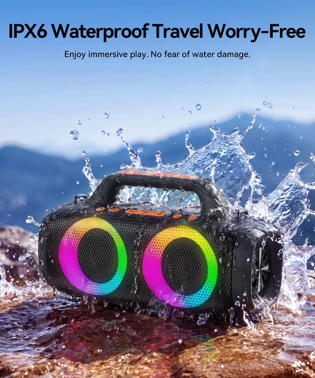 Alt view image 4 of 7 - BassBloom Roar 1 Outdoor Bluetooth Speaker, IPX6 Waterproof,60W | Powerful Sound JiKE Bass, Bluetooth 5.4, 24H Playtime, TWS Pairing, RGB Party Lights, for Travel Camping and Beach