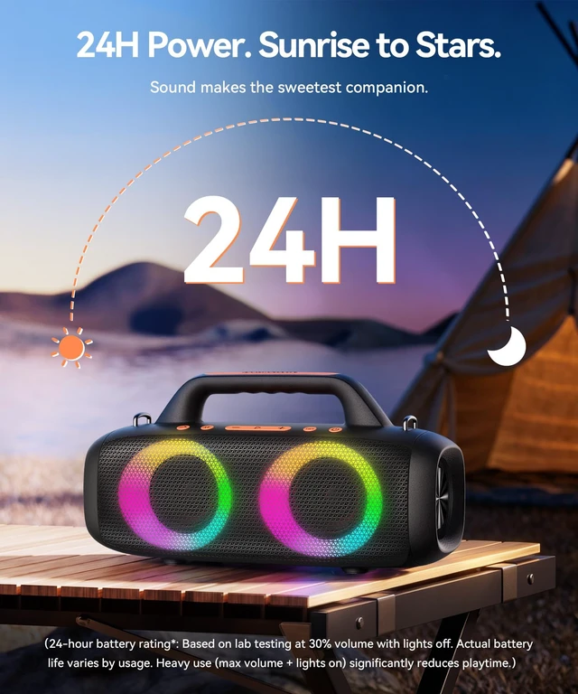 Alt view image 5 of 7 - BassBloom Roar 1 Outdoor Bluetooth Speaker, IPX6 Waterproof,60W | Powerful Sound JiKE Bass, Bluetooth 5.4, 24H Playtime, TWS Pairing, RGB Party Lights, for Travel Camping and Beach
