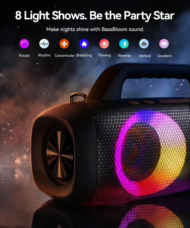 Alt view image 6 of 7 - BassBloom Roar 1 Outdoor Bluetooth Speaker, IPX6 Waterproof,60W | Powerful Sound JiKE Bass, Bluetooth 5.4, 24H Playtime, TWS Pairing, RGB Party Lights, for Travel Camping and Beach