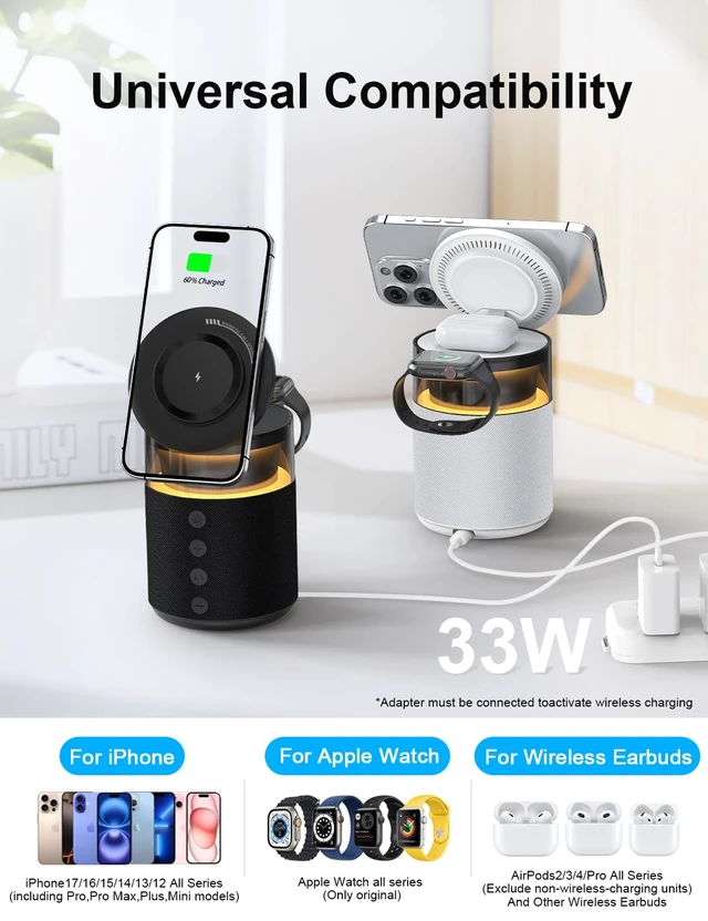 Alt view image 2 of 7 - 5-in-1 Magnetic Wireless Charging Station for Apple Device, Portable Bluetooth Speaker with Adjustable Night Light, 33W Fast Charger Stand for iPhone 17/16/15/14/13 Pro Max, Apple Watch, AirPods