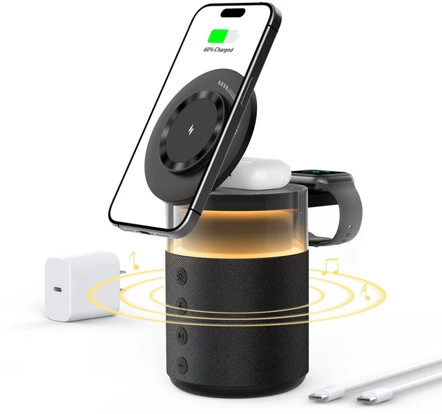Main image of 5-in-1 Magnetic Wireless Charging Station for Apple Device, Portable Bluetooth Speaker with Adjustable Night Light, 33W Fast Charger Stand for iPhone 17/16/15/14/13 Pro Max, Apple Watch, AirPods