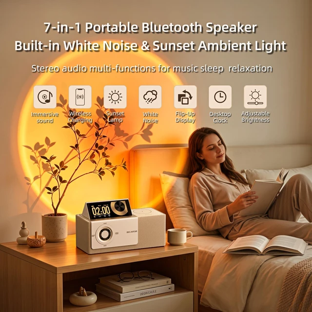 Alt view image 2 of 6 - BECARSIR Flipscreen Speaker with Adjustable Brightness LCD Display, 7 in 1 Portable Bluetooth Speaker with Sunset Light and Wireless Charging Station for Home,Patio,Party,Camp,Outdoor (Gold)