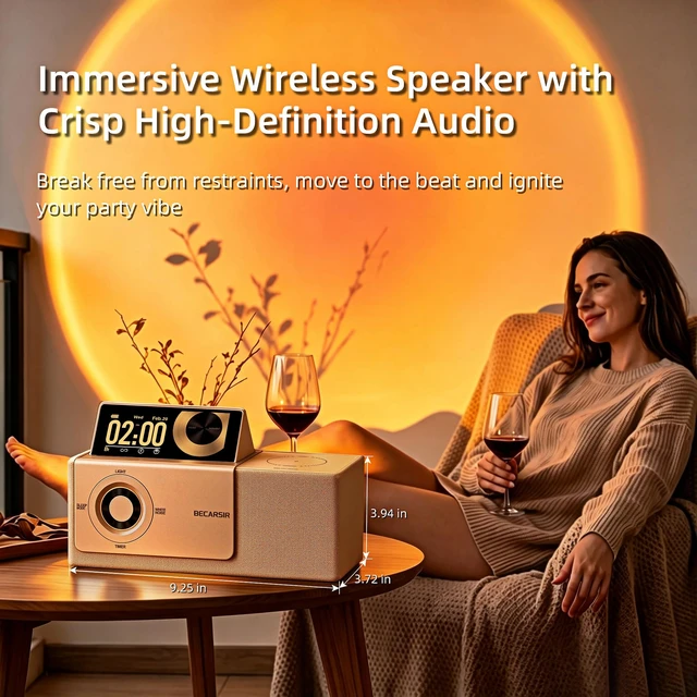 Alt view image 4 of 6 - BECARSIR Flipscreen Speaker with Adjustable Brightness LCD Display, 7 in 1 Portable Bluetooth Speaker with Sunset Light and Wireless Charging Station for Home,Patio,Party,Camp,Outdoor (Gold)