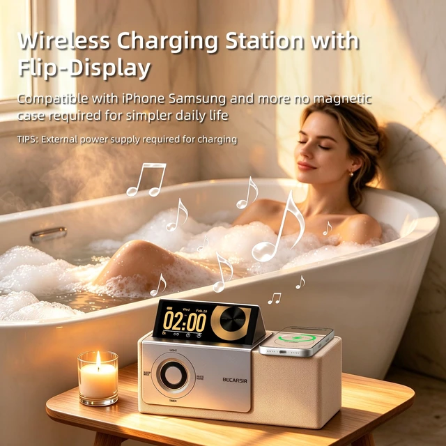 Alt view image 5 of 6 - BECARSIR Flipscreen Speaker with Adjustable Brightness LCD Display, 7 in 1 Portable Bluetooth Speaker with Sunset Light and Wireless Charging Station for Home,Patio,Party,Camp,Outdoor (Gold)