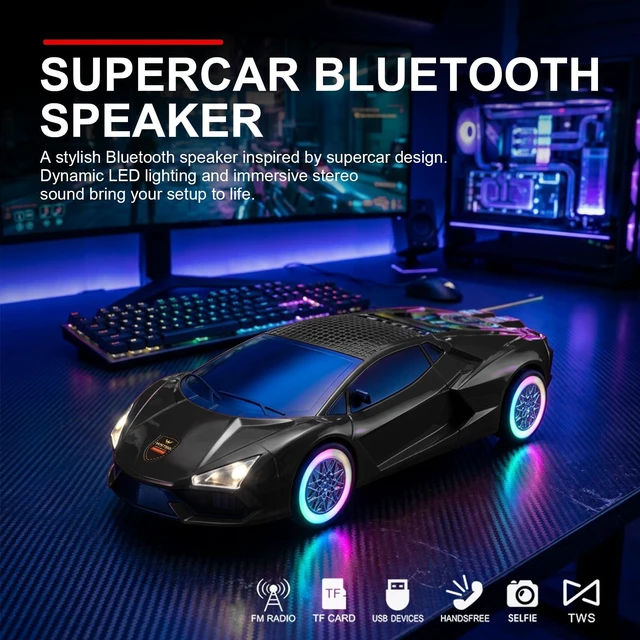 Alt view image 2 of 7 - WSTER WS-690 Supercar Bluetooth Speaker with RGB Wheel Lights (Black) | Supercar Design, Display Screen & RGB Wheel Lights, TWS Stereo & FM Radio, TF Playback, Built-In Mic