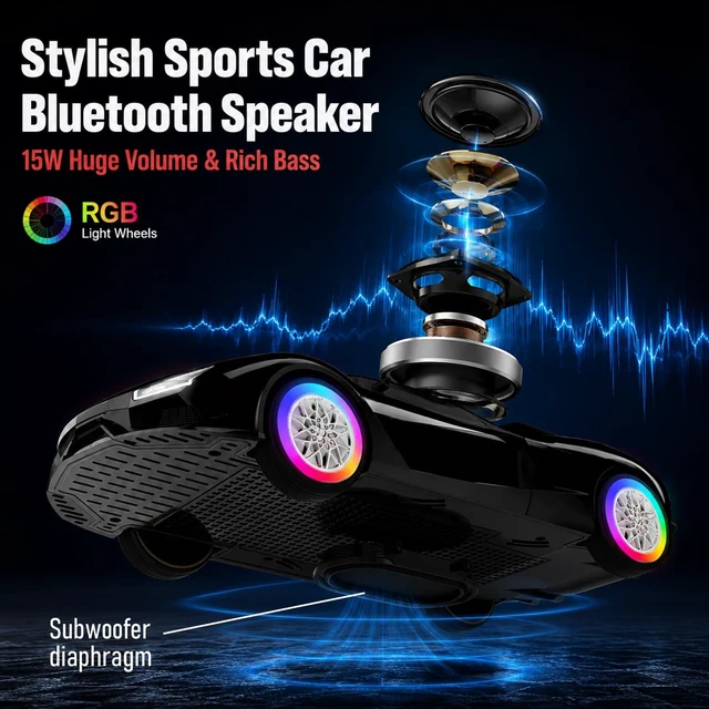 Alt view image 3 of 7 - WSTER WS-690 Supercar Bluetooth Speaker with RGB Wheel Lights (Black) | Supercar Design, Display Screen & RGB Wheel Lights, TWS Stereo & FM Radio, TF Playback, Built-In Mic