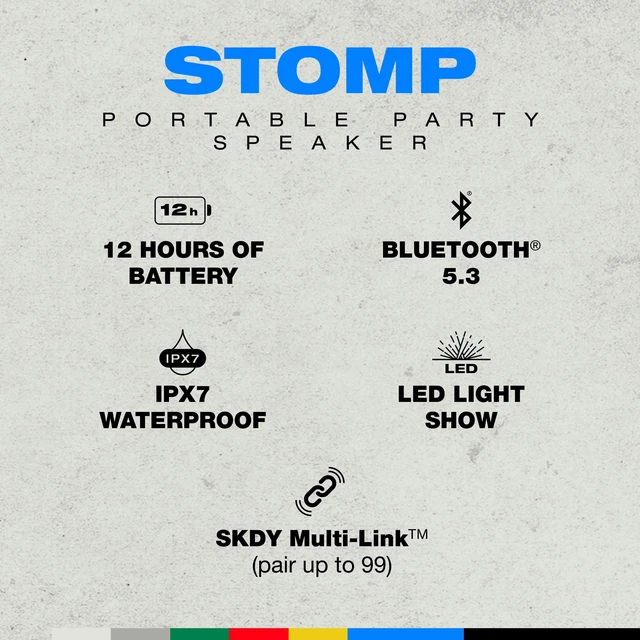 Alt view image 2 of 7 - Skullcandy Stomp Bluetooth Speaker IPX7 Waterproof Wireless Portable Speaker, with LED Lightshow & Strobe Modes, 12 Hour Battery, Multi-Link, & USB-C & USB-A Output Charging (Stomp, Black)