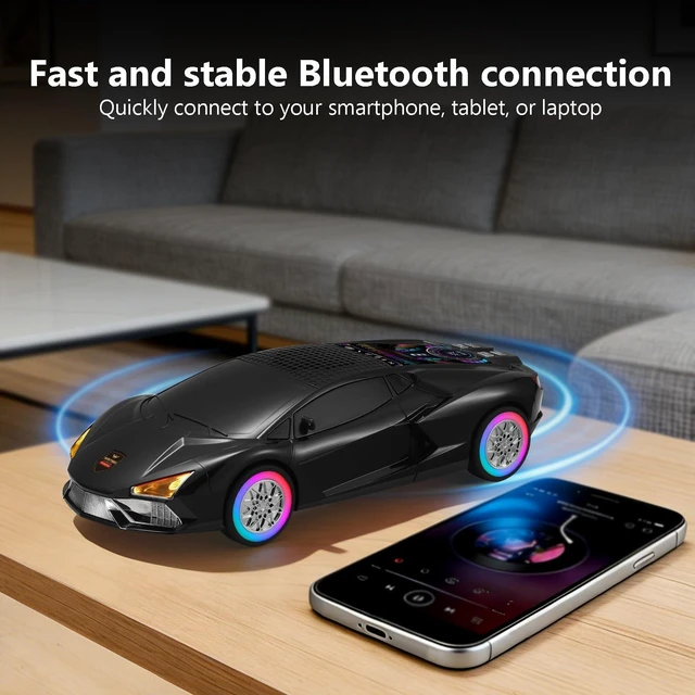 Alt view image 5 of 7 - WSTER WS-690 Supercar Bluetooth Speaker with RGB Wheel Lights (Black) | Supercar Design, Display Screen & RGB Wheel Lights, TWS Stereo & FM Radio, TF Playback, Built-In Mic