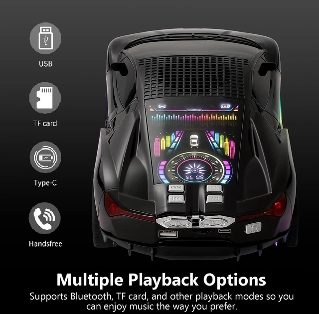 Alt view image 6 of 7 - WSTER WS-690 Supercar Bluetooth Speaker with RGB Wheel Lights (Black) | Supercar Design, Display Screen & RGB Wheel Lights, TWS Stereo & FM Radio, TF Playback, Built-In Mic