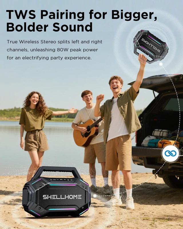 Alt view image 7 of 7 - 80W Bluetooth Outdoor Speakers, Portable Waterproof Jobsite Speaker | 30H Playtime, RGB Lights, BassUp 2.0, IPX6 Waterproof, TWS, 80W(Peak) Loud, Bluetooth 6.0