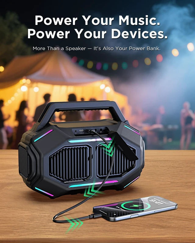 Alt view image 6 of 7 - 80W Bluetooth Outdoor Speakers, Portable Waterproof Jobsite Speaker | 30H Playtime, RGB Lights, BassUp 2.0, IPX6 Waterproof, TWS, 80W(Peak) Loud, Bluetooth 6.0