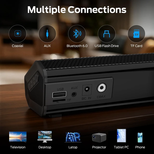Alt view image 5 of 7 - Monster Sound Bar for Smart TV, 72W Soundbar, 2.0CH TV Speakers with Dual Bass Diaphragm, 6 RGB Lights, Bluetooth 6.0, AUX/Coaxial/USB/TF Inputs, Home Theater Sound System for TV/PC/Gaming/Projector