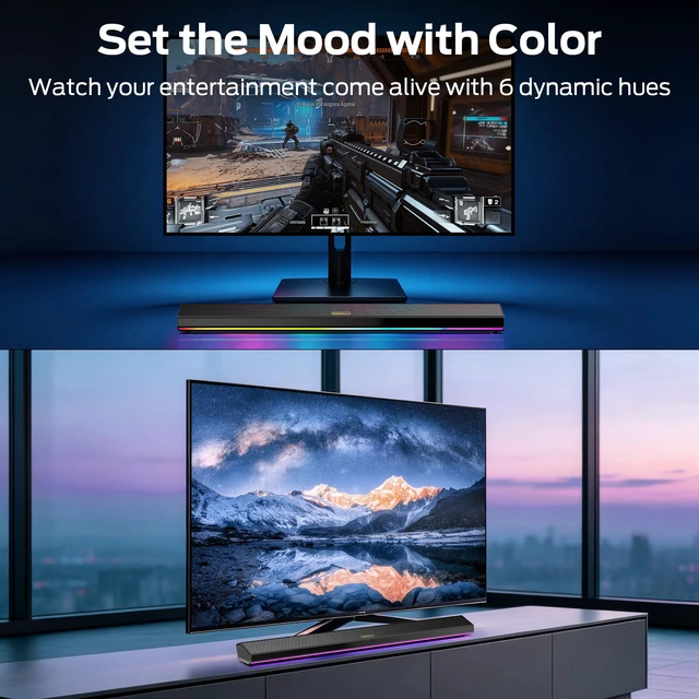 Alt view image 6 of 7 - Monster Sound Bar for Smart TV, 72W Soundbar, 2.0CH TV Speakers with Dual Bass Diaphragm, 6 RGB Lights, Bluetooth 6.0, AUX/Coaxial/USB/TF Inputs, Home Theater Sound System for TV/PC/Gaming/Projector