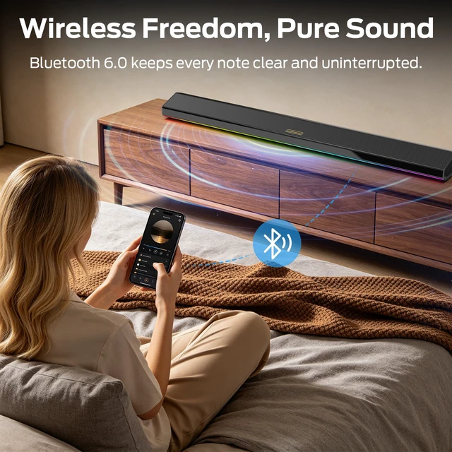 Alt view image 7 of 7 - Monster Sound Bar for Smart TV, 72W Soundbar, 2.0CH TV Speakers with Dual Bass Diaphragm, 6 RGB Lights, Bluetooth 6.0, AUX/Coaxial/USB/TF Inputs, Home Theater Sound System for TV/PC/Gaming/Projector