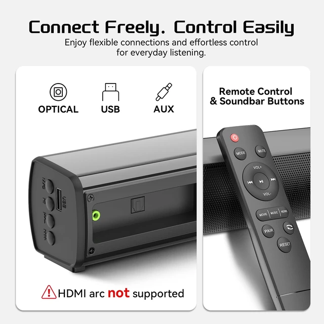Alt view image 4 of 7 - Bluetooth Wireless Surround Sound Bar, Sound Bar Smart TV Compact, Sounds Bar Bluetooth Wireless TV 2.0CH Sounds System BT/OPT/AUX/AUX TO RCA/USB for TV/PC Remote Control(no HDMI), JetBlack