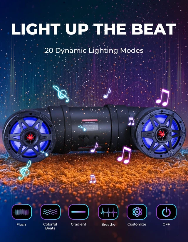 Alt view image 2 of 7 - KEMIMOTO ATV Speaker 6.5 Inch Wireless Audio Streaming ATV UTV Sound Bar | ATV UTV Sound Bar w/ 20 RGB Light Modes, 2X Full Range Speakers 2X Tweeters Boat Sound System