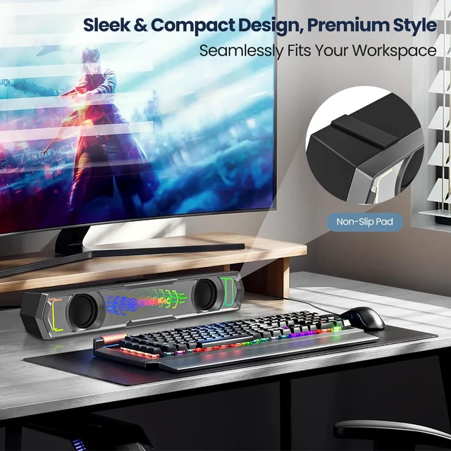 Alt view image 6 of 7 - GTIMLMC Computer Speakers with Mirror Design, RGB LED Light, Type C-USB Input, Easy-Control Volume, Wired PC Speakers Soundbar for Desktop Laptop Monitor
