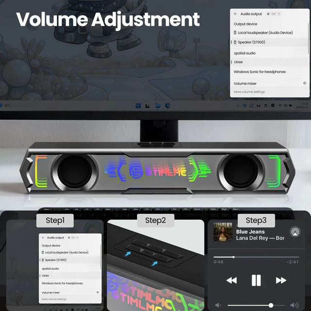 Alt view image 7 of 7 - GTIMLMC Computer Speakers with Mirror Design, RGB LED Light, Type C-USB Input, Easy-Control Volume, Wired PC Speakers Soundbar for Desktop Laptop Monitor