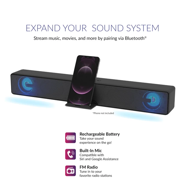 Alt view image 7 of 7 - Supersonic SC-1423SB Rechargeable TV Soundbar with Bluetooth, 10M Range, RGB LED Lights, FM Radio, HDMI ARC, Aux & Micro SD Input, Built-in Mic, Retractable Phone Stand and Intuitive Control Center