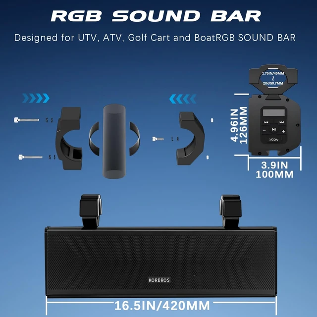 Alt view image 7 of 7 - UTV Sound Bar,17 Inch Golf Cart Speaker Bluetooth with RGB Lighting | UTV Sound Bar,4-Speaker SXS Sound Bar,IP66 Waterproof UTV Speakers for ATV Polaris RZR Can-Am