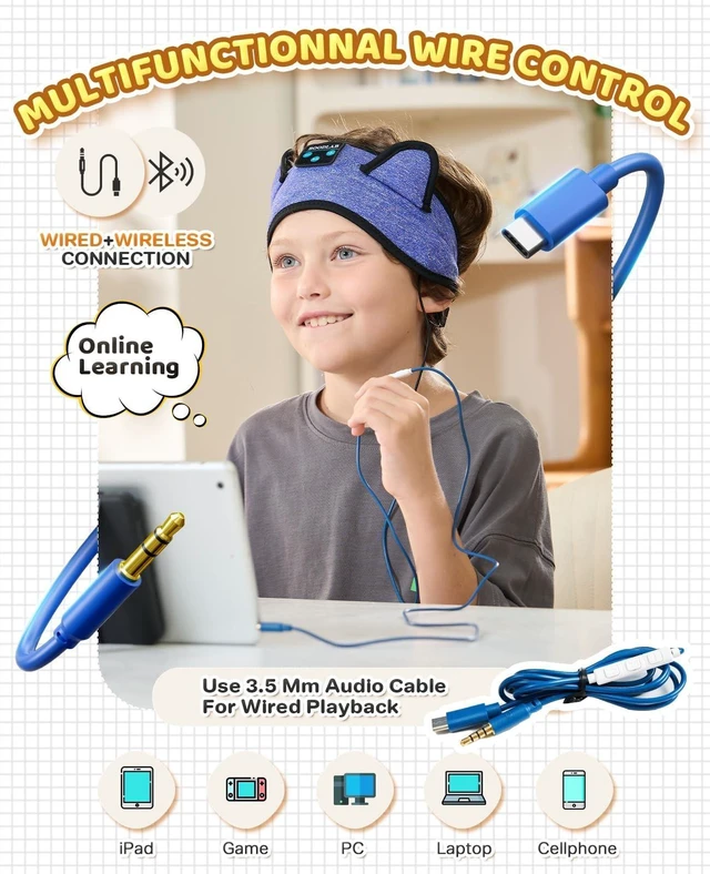 Alt view image 10 of 10 - Boodlab Kids 3-in-1 Headband Headphones-Wireless Bluetooth & Wired 3.5mm Jack, Ultra-Thin Speakers, Adjustable Fit for Toddlers, Safe Volume - Ideal for School/Travel/Sleep/Home, Gift for Boy&