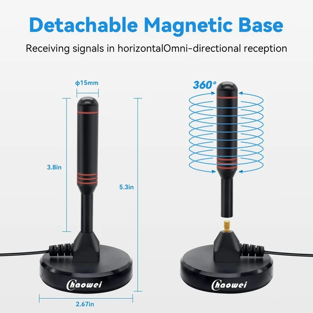 Alt view image 8 of 10 - Chaowei Digital HD TV Antenna with Magnetic Base,16.5feet Coaxial Antenna Cable-Portable Outdoor Indoor TV Antenna for 4K 1080p Television