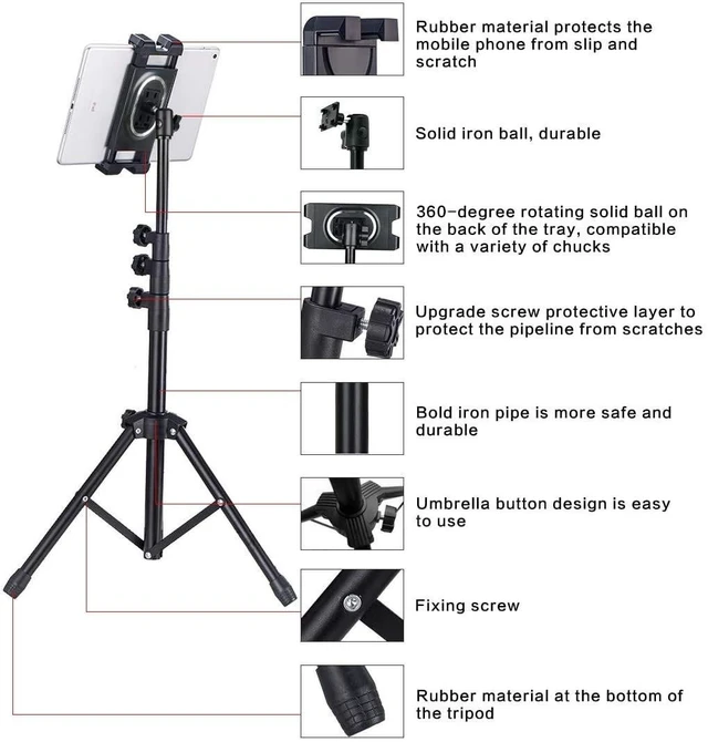 Alt view image 7 of 10 - Tablet Tripod for iPad Pro Floor Stand Tripod Mount for Surface Pro Samsung Tab S9+ Holder Stand w. Remote 360 Rotating Adjustable 68" Tall for All 5.8-12.9" Phone/Tablet