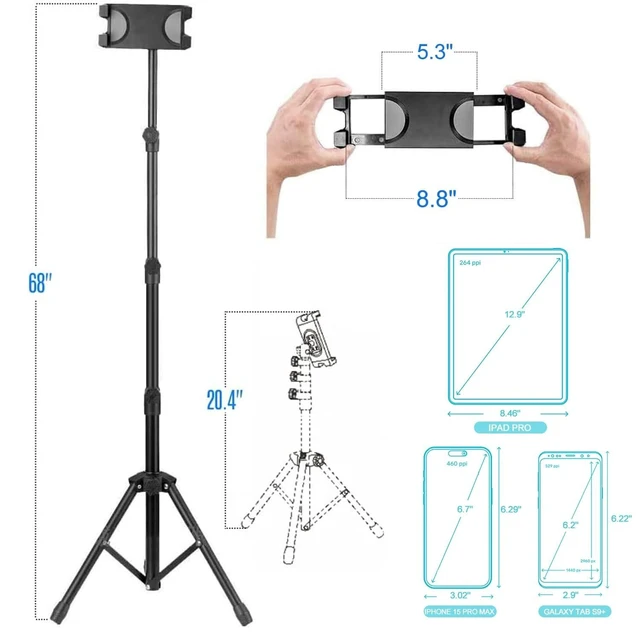 Alt view image 8 of 10 - Tablet Tripod for iPad Pro Floor Stand Tripod Mount for Surface Pro Samsung Tab S9+ Holder Stand w. Remote 360 Rotating Adjustable 68" Tall for All 5.8-12.9" Phone/Tablet