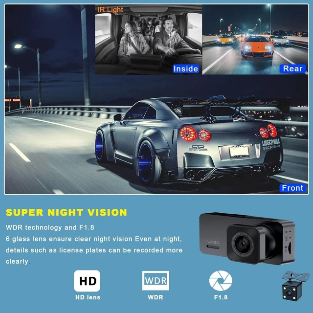 Alt view image 10 of 10 - 2K Dash Camera for Car Front and Rear Inside WiFi Dash Cam with Phone App Security Video Recorder, HD 1080P Dashcam 2'' Screen Loop Recording, HDR, G-Sensor